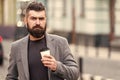 Businessman well groomed enjoy coffee break outdoor urban background. Thoughtful but relaxed. Walk and enjoy fresh hot Royalty Free Stock Photo