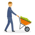 Businessman wheelbarrow money icon, flat style