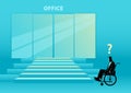 Businessman in wheelchair enters office via special ramps