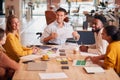 Businessman In Wheelchair Gives Presentation To Colleagues Around Table In Modern Open Plan Office