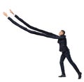A businessman on white background in side view with extremely long arms trying to grab something above.