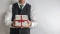 Businessman in suit vest holding a Christmas gift / present.