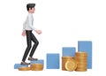 businessman in white shirt blue tie walking up the stock chart with ornaments several piles of gold coins