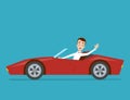 Businessman in a white shirt is driving a red sports car on a blue background Royalty Free Stock Photo