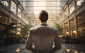 A businessman in a white suit stands with his back in the lobby of the hotel