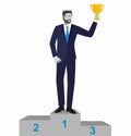 Businessman winning trophy. Businessman or manager standing on the winners podium with prize cup in his hand. Vector, illustration Royalty Free Stock Photo