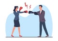 Businessman and woman in boxing gloves fighting each other. Male and female business characters in suit. Confrontation