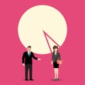 Businessman and woman discussion with pie chart as their heads