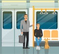 Businessman and woman with dog travel in subway car. Public underground transport passengers Royalty Free Stock Photo