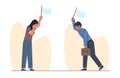Businessman and woman hold up white flag. Sad hopeless characters, capitulation in competition. Frustrated unhappy man