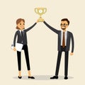 Businessman and woman holding the winner cup together,success concept