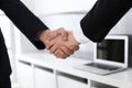 Businessman and woman shaking hands in office. Concept of handshake as success symbol in business Royalty Free Stock Photo