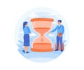 Businessman and woman standing near hourglass. Manage time and work in a balanced manner. Time Management concept. Royalty Free Stock Photo