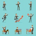 Businessman Work Process Set Of Business Related Scenes With Young Entrepreneur Cartoon Character