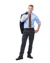 Businessman, worker and smile for portrait, consultant and professional on white background. Confident, young and suit
