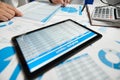 Businessman working and calculating, reads and writes reports. Using tablet pc. Office employee, table closeup. Business financial Royalty Free Stock Photo