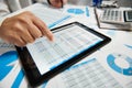 Businessman working and calculating, reads and writes reports. Using tablet pc. Office employee, table closeup. Business financial Royalty Free Stock Photo