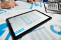 Businessman working and calculating, reads and writes reports. Using tablet pc. Office employee, table closeup. Business financial Royalty Free Stock Photo