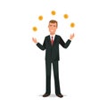 Office worker, in strict business suit, juggles coins in air.