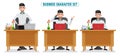 Businessman working characters vector set. Business man character sitting, talking and working in office chair and table for boss. Royalty Free Stock Photo
