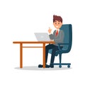 Businessman working at the computer, business character working in office cartoon vector Illustration