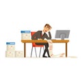 Businessman working with computer stressed out by long list of debts vector Illustration Royalty Free Stock Photo