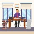 Businessman working at desk in office vector illustration. Lots of job tasks, overworked, deadline concept. Man talks on