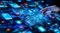 Businessman working with digital business interface and data analysis graphs in futuristic concept