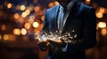 Businessman working with a digital phone or tablet on blurry dark bokeh background