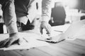 Businessman working with generic design notebook. Typing message, hands keyboard. Blurred background, film effect, black Royalty Free Stock Photo