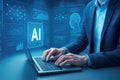 Businessman Working on Laptop with AI Data Visualizations and Holographic Screens artificial intelligence Royalty Free Stock Photo