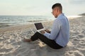 Businessman working with laptop on beach. Business trip Royalty Free Stock Photo
