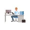 Businessman working with laptop computer at his office, people activity, daily routine vector Illustration isolated on a Royalty Free Stock Photo