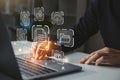 Businessman working on laptop with document management icon Royalty Free Stock Photo