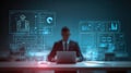 Businessman Working on Laptop with Futuristic Holographic Interface Showing Artificial Intelligence Data and Robot Assistant. High Royalty Free Stock Photo