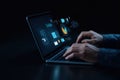 Businessman working on laptop. Person manages digital documents on laptop screen. Advanced tech system for efficient file