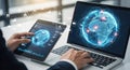 Businessman working on laptop and tablet with global network connection and data exchange Royalty Free Stock Photo