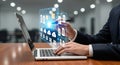 Businessman working on laptop with virtual screen showing document management system Royalty Free Stock Photo