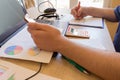 Businessman working on office desk with Calculator, a computer, a pen and document. Man, counting money Royalty Free Stock Photo