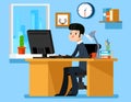 Businessman working office at the desk with computer. Vector illustration in flat style Royalty Free Stock Photo