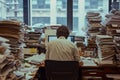 Businessman working in office, he is overloaded with paperwork and files