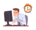 Businessman Working Overtime at Deadline, Overloaded Male Office Worker Sitting at Workplace in Office Vector Royalty Free Stock Photo
