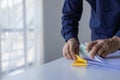 Businessman working in a pile of documents Find information about unfinished documents on the pile. Royalty Free Stock Photo