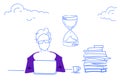 Businessman working process laptop sand clock icon time management deadline concept horizontal sketch doodle