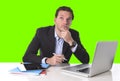 Businessman working in stress at office desk computer isolated green chroma key Royalty Free Stock Photo