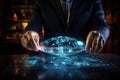 Businessman working on virtual screen with global connection concept. Mixed media, Businessman using digital tablet with hologram Royalty Free Stock Photo