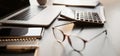 Businessman workplace, calculator, laptop computer and glasses at office desk panoramic banner, finance, business concept Royalty Free Stock Photo