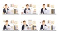 Businessman in Workplace Set, Male Office Employee Character Working Day Vector Illustration Royalty Free Stock Photo