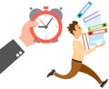 Boss shows employee clock with time. Guy runs with folders to finish task before deadline