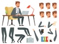 Businessman workspace. Vector mascot creation kit. Various key frames for business character animation